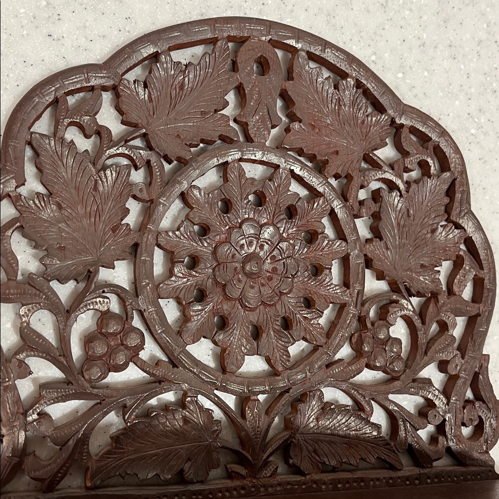Vtg INDIA Hand Carved Wood Wooden Folding Shelf Intricate Leaf Design Leaves - Picture 3 of 14